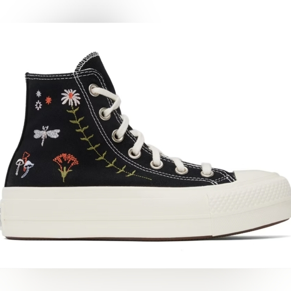 Converse Shoes - Converse High Top Platform, size 7, Black with floral and mushroom embroidery